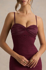 Juana | Burgundy Lace And Satin Sweetheart-Neck Satin Maxi Dress