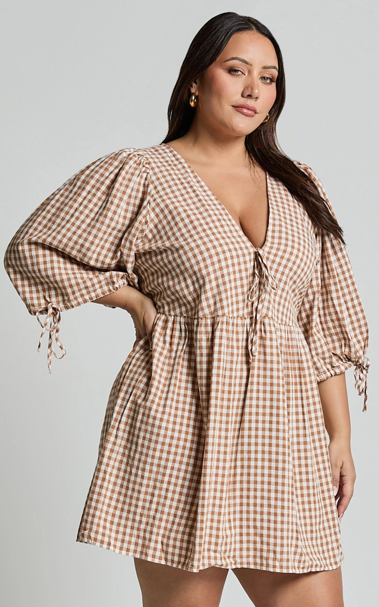 Rosita Mini Dress - Tie Front Puff Sleeve Dress in Caramel & White Gingham