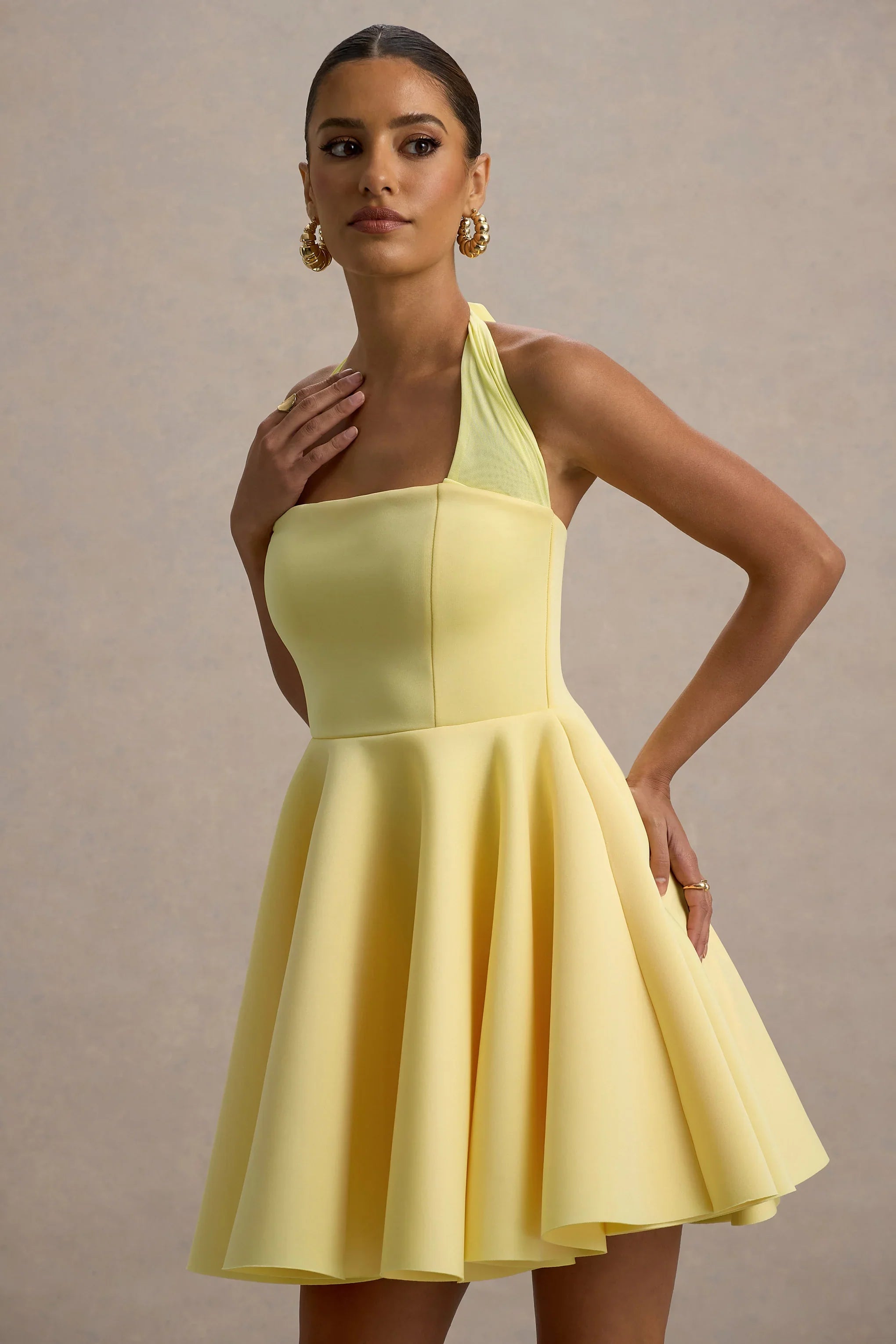 Peggy | Lemon Halter-Neck Skater Mini Dress