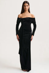Jessara | Black Bardot-Neck Maxi Dress With Knot-Details