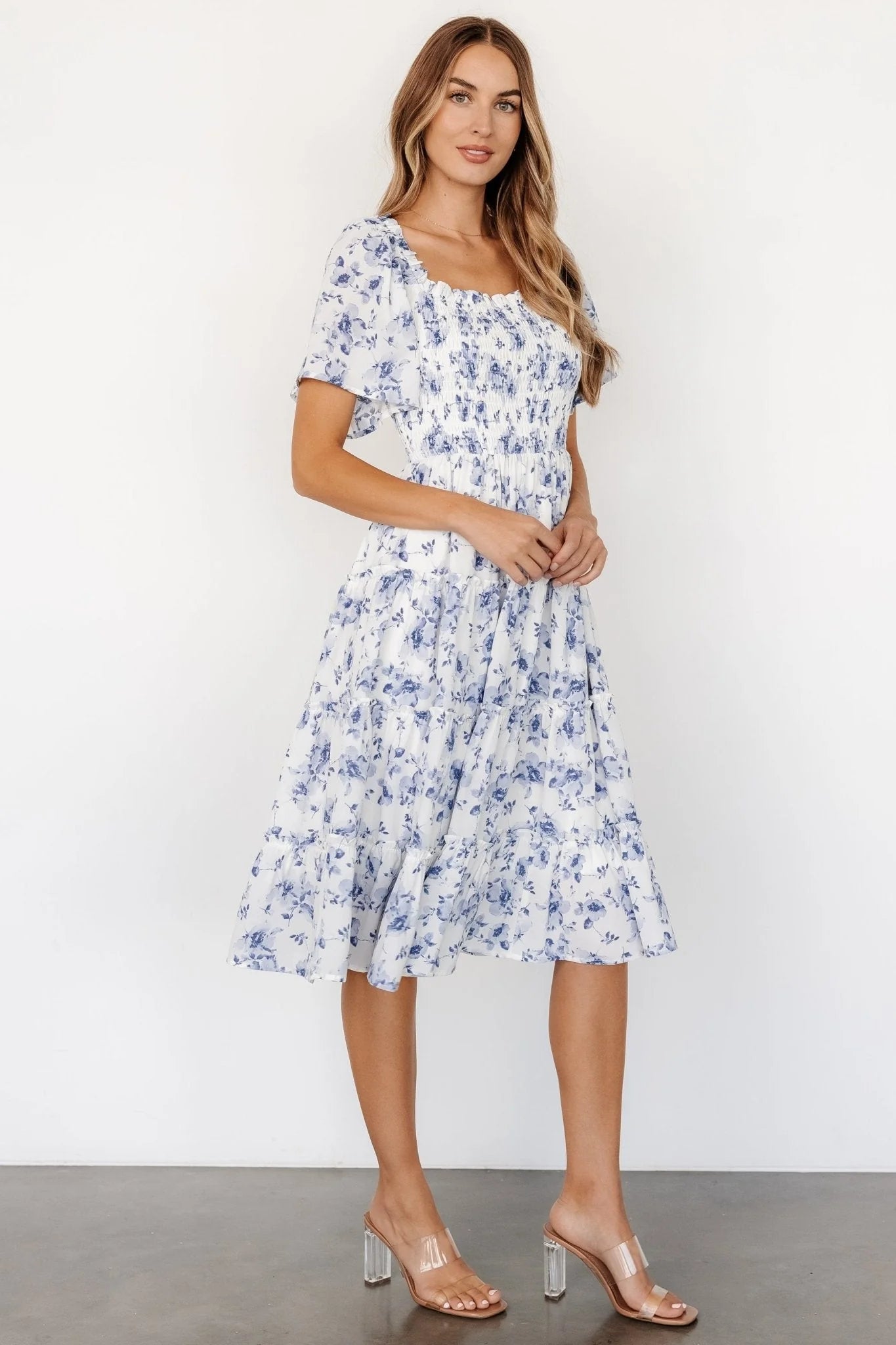 Lilla Tiered Midi Dress | Off-White + Blue Floral