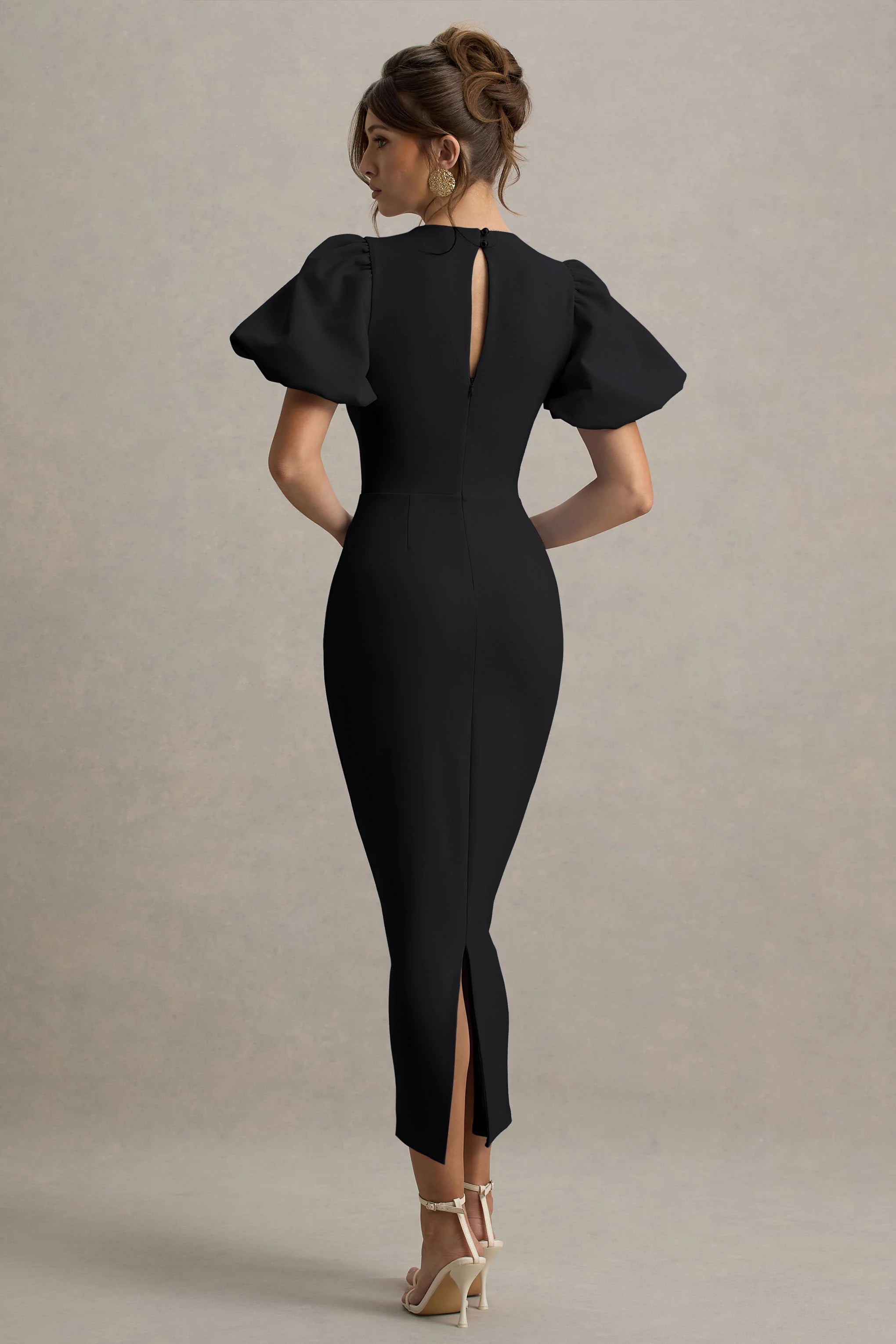 Dakota | Black Puff-Sleeve Midi Dress