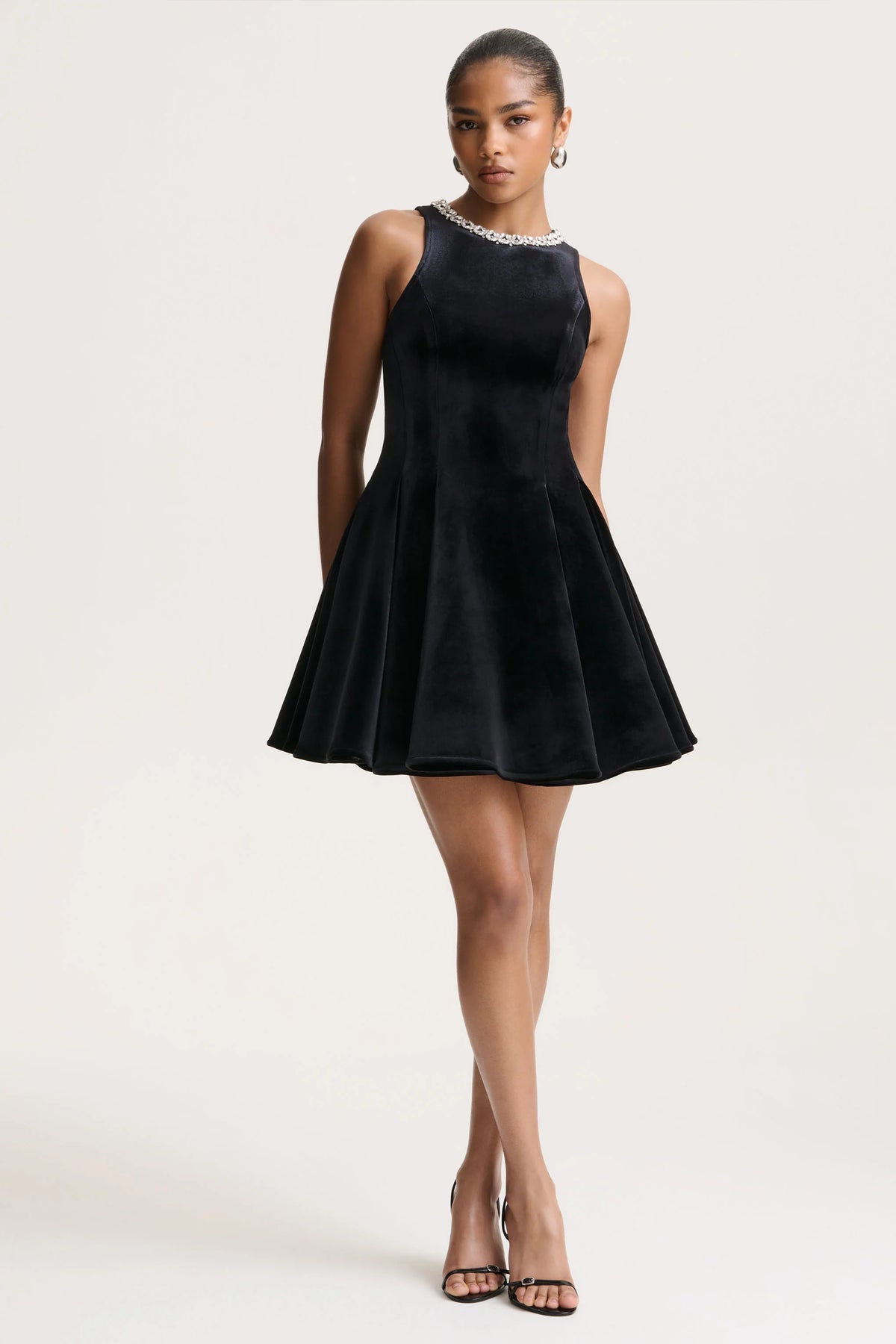 Meva | Black Velvet Hand-Embellished High-Neck Mini Dress