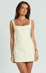 Orla Mini Dress Jacquard Scoop Neck Fitted Dress in Lemon