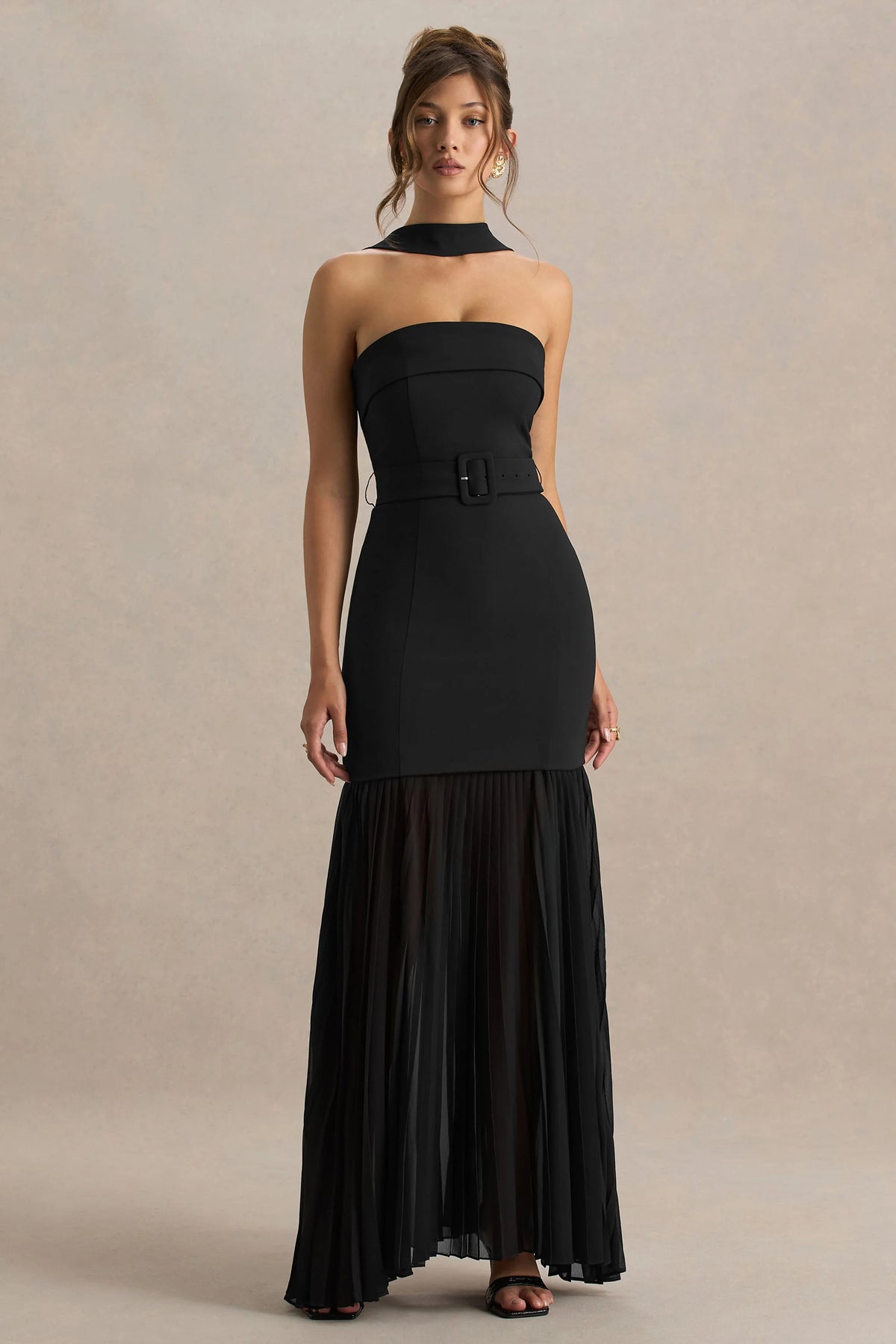 Jaquetta | Black Belted Maxi Dress With Pleated Chiffon Skirt