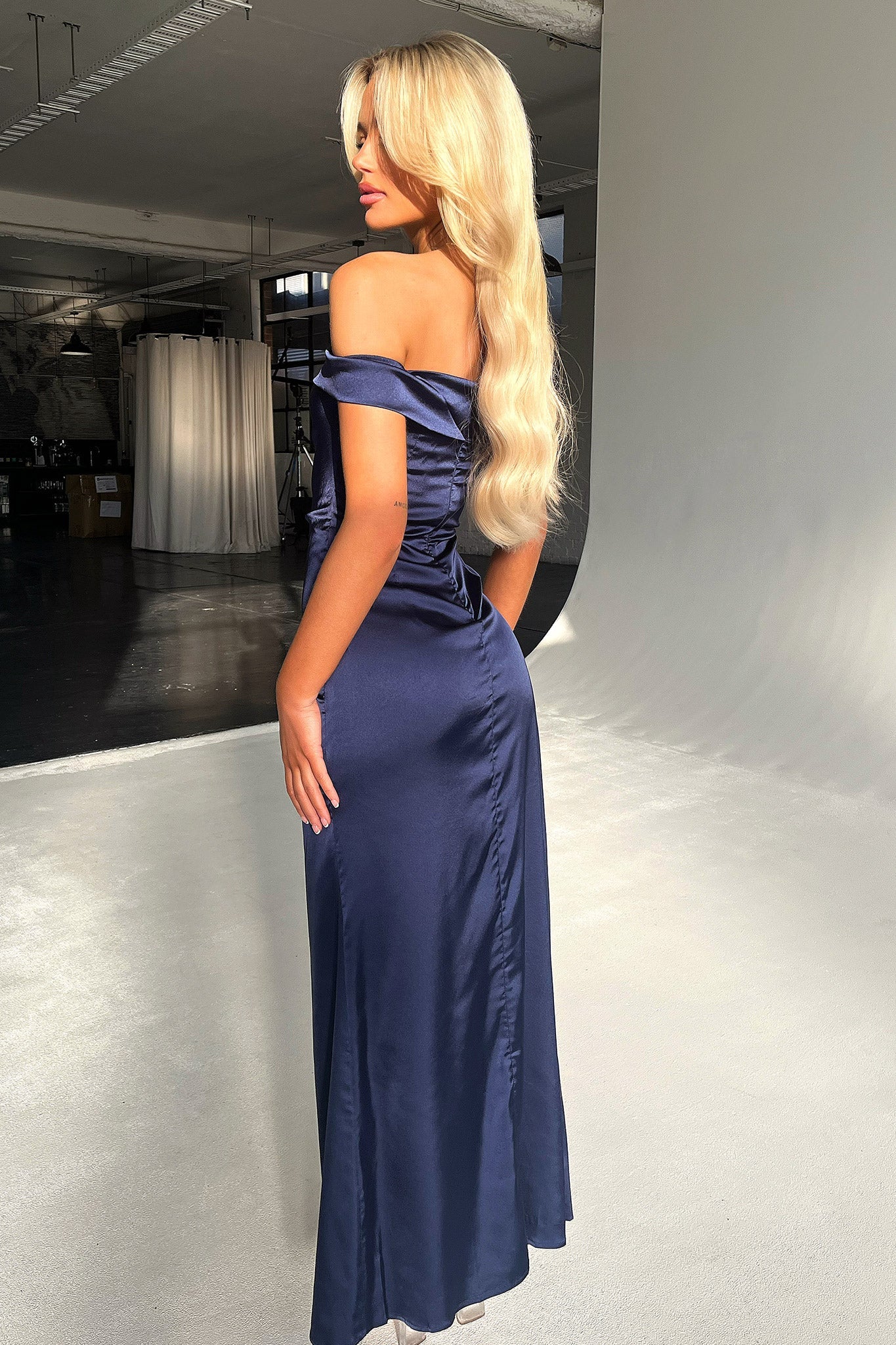 Saoirse Off Shoulder Satin Maxi Dress - Navy