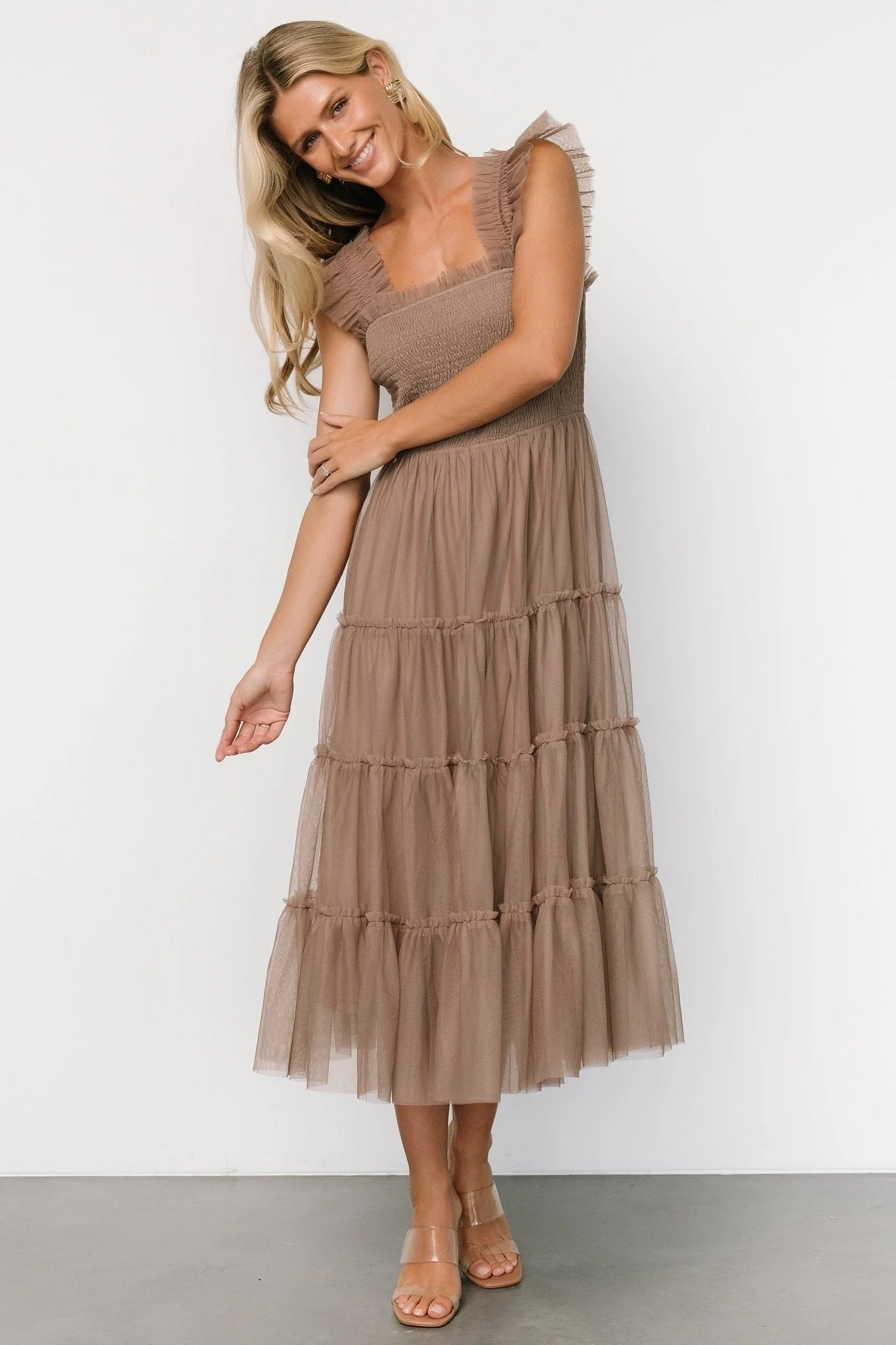 Emma Smocked Tulle Dress | Taupe