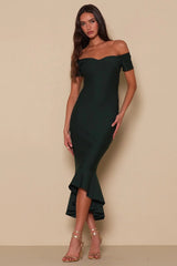 How Much I Care Dark Green Off-the-Shoulder Midi Dress