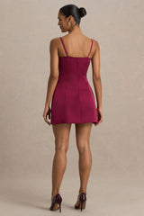 Elara | Burgundy Satin Plunge-Neck Mini Dress