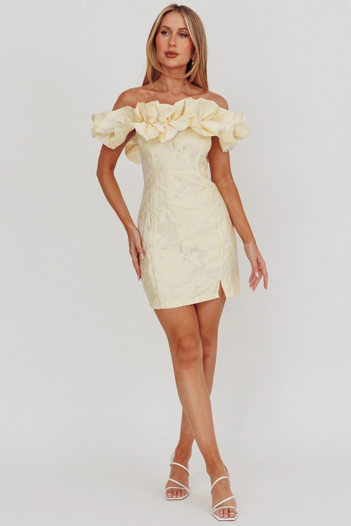 Memoire Off-Shoulder Jacquard Mini Dress Lemon