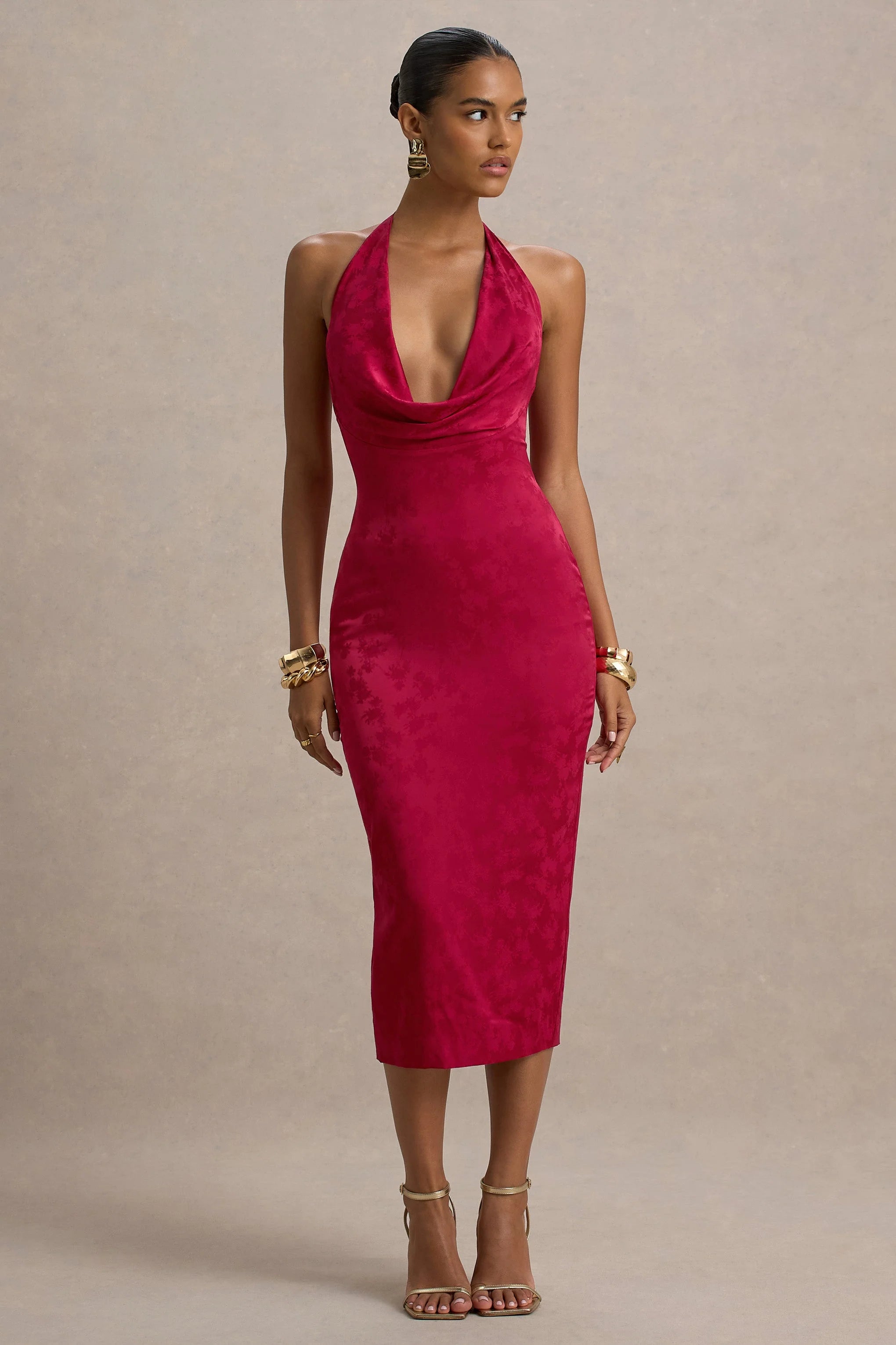 Aine | Red Satin Jacquard Cowl-Neck Midi Dress