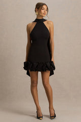 Geneve | Black Halter-Neck Mini Dress With Ruffled Trim