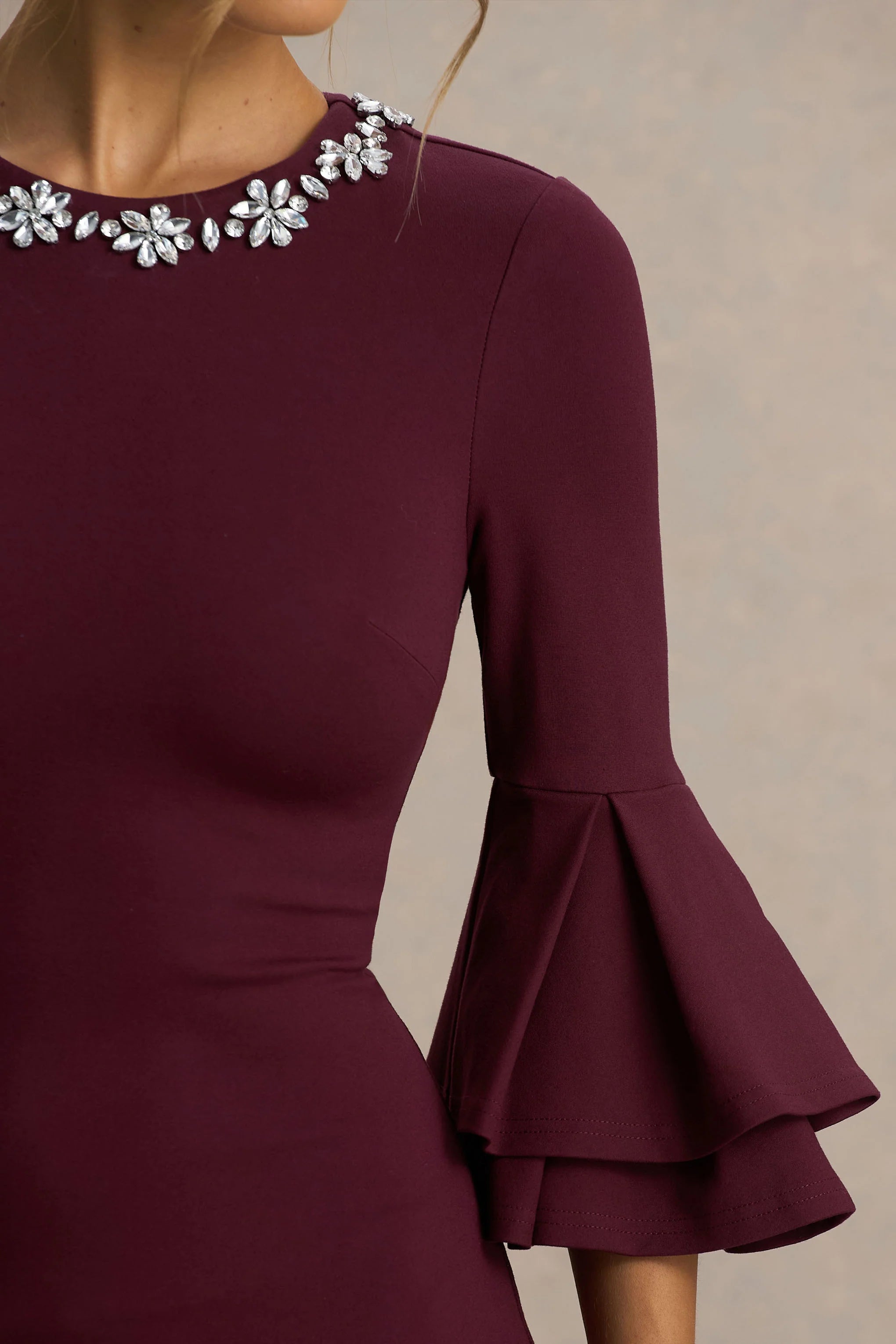 Mirna | Burgundy Crew-Neck Mini Dress With Bell Sleeves And Ruffled Detailing
