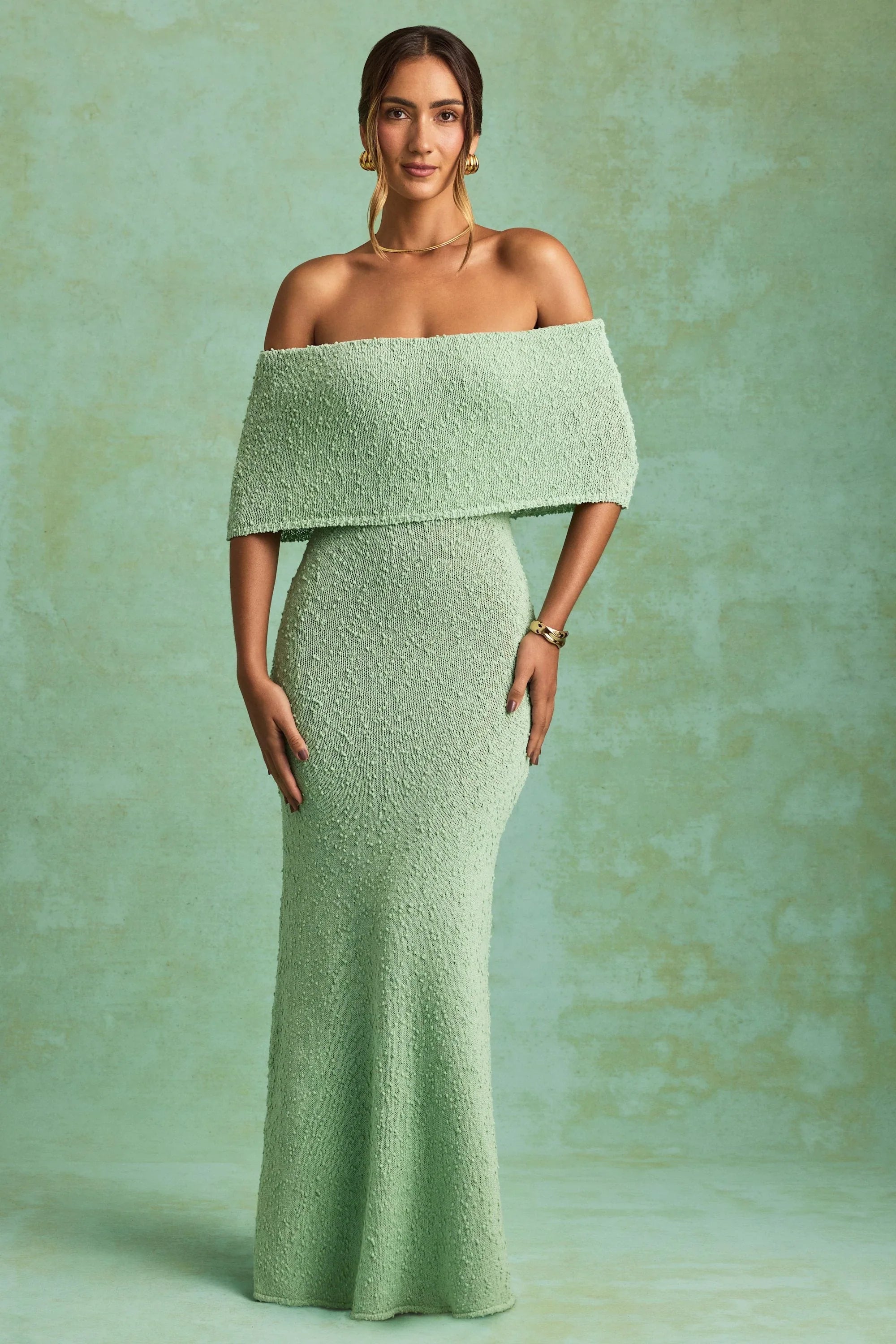 Bouclé Off-Shoulder Maxi Dress in Mint
