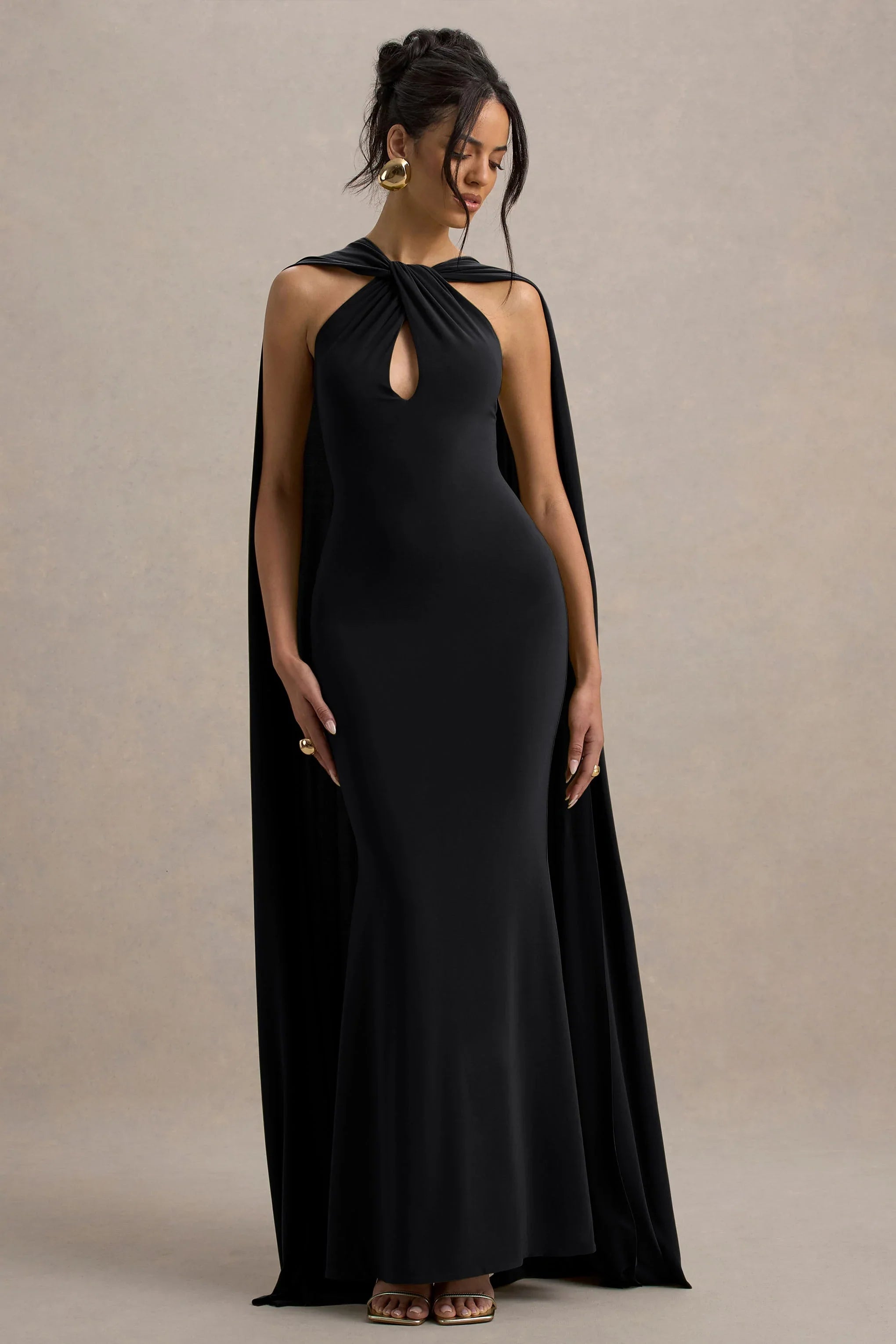 Rhoda | Black Twist Halter-Neck Cape Maxi Dress
