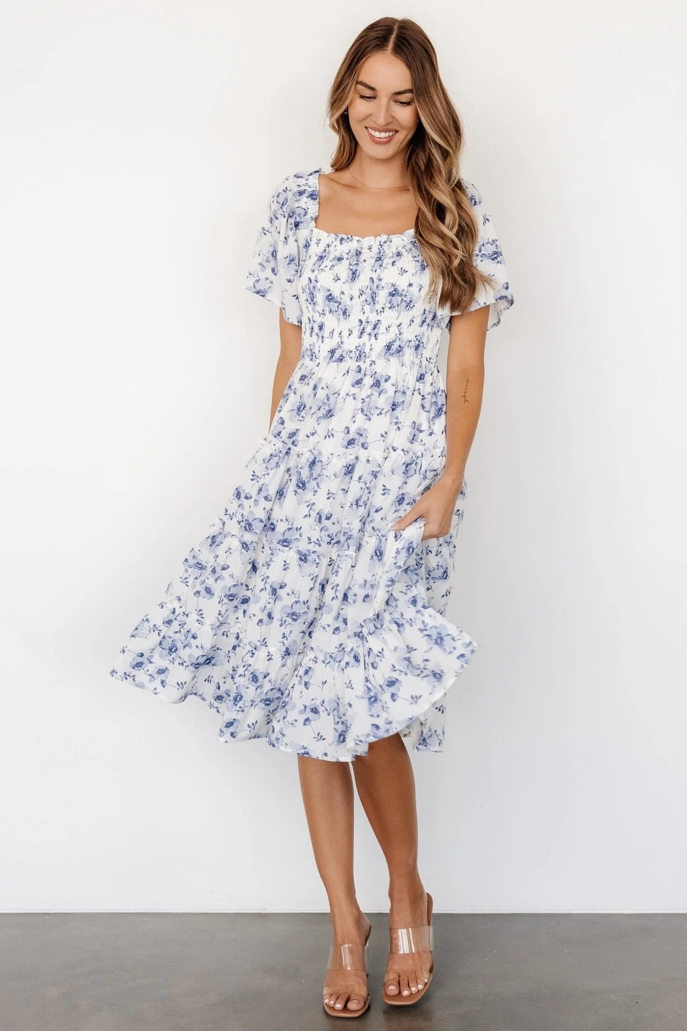 Lilla Tiered Midi Dress | Off-White + Blue Floral