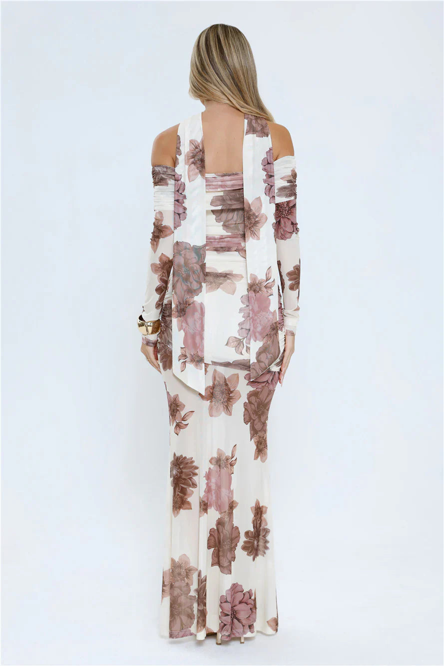 Garden Haze Off Shoulder Mesh Maxi Dress Floral