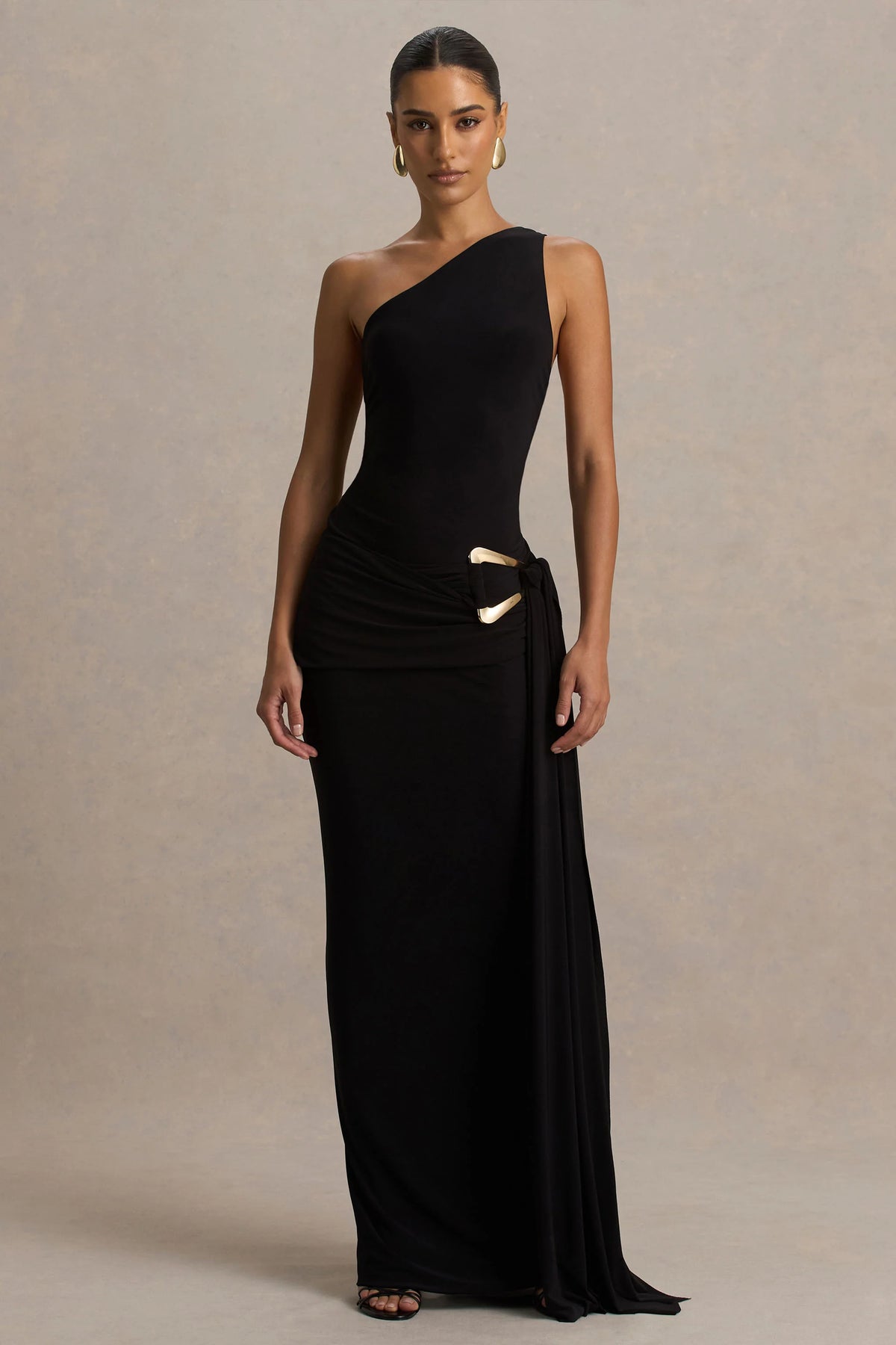 Bonnie | Black Asymmetric-Neck Maxi Dress With Open-Back