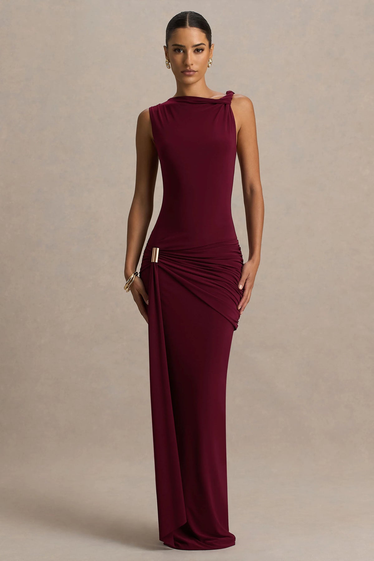 Decadence | Burgundy High-Neck Wrapped Maxi Dress With Twist-Sleeve