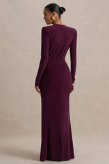 Flashy | Burgundy Plunge-Neck Maxi Dress With Ruched Detailing