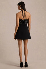 Tempest | Black Halter-Neck Mini Dress With Hand-Embellished Panel