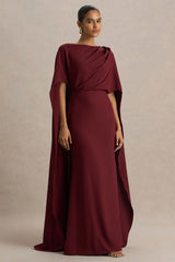 Pristina | Burgundy Boat-Neck Woven Maxi Dress With Cape Detail