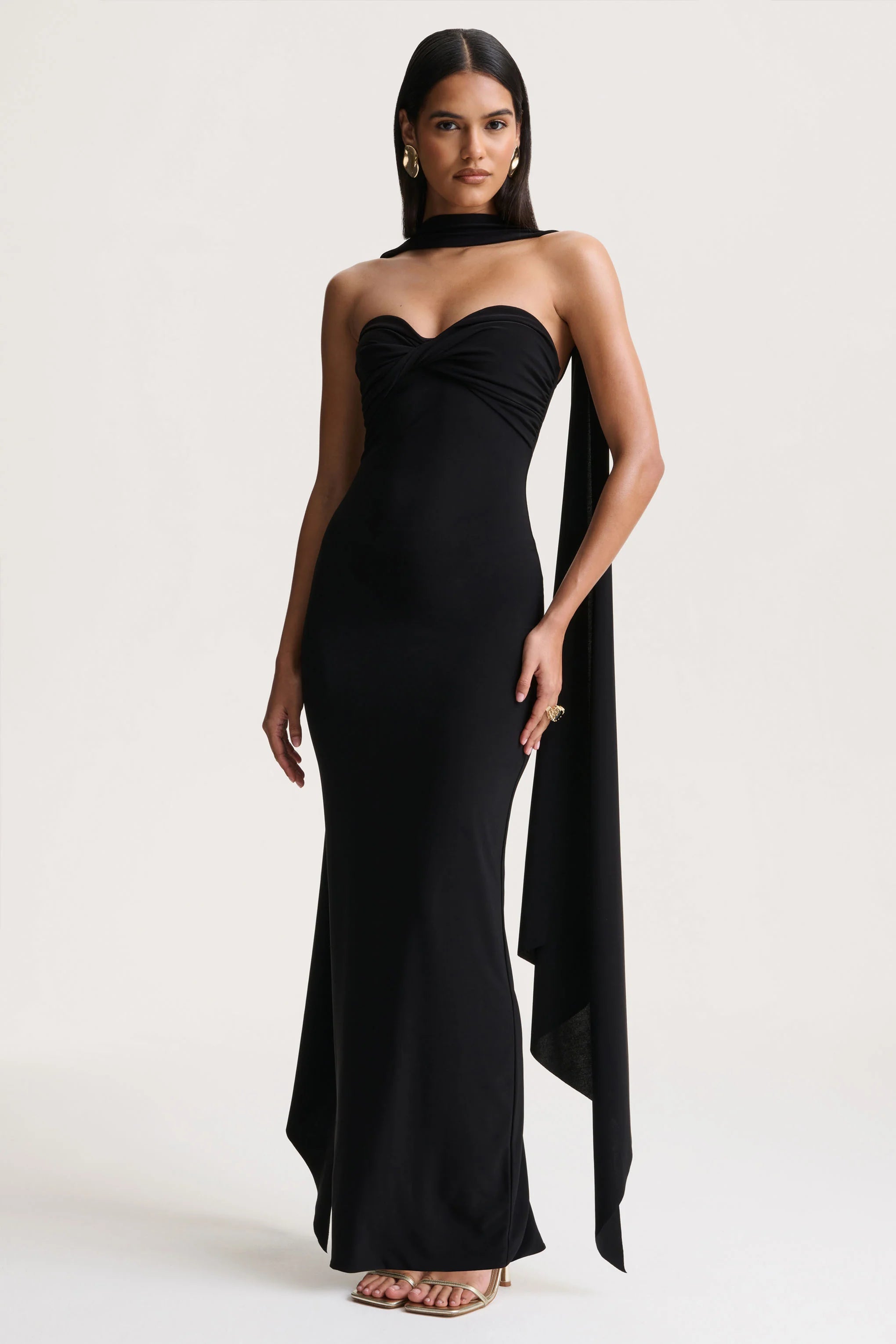 Sheila | Black Bandeau Maxi Dress With Scarf Detail