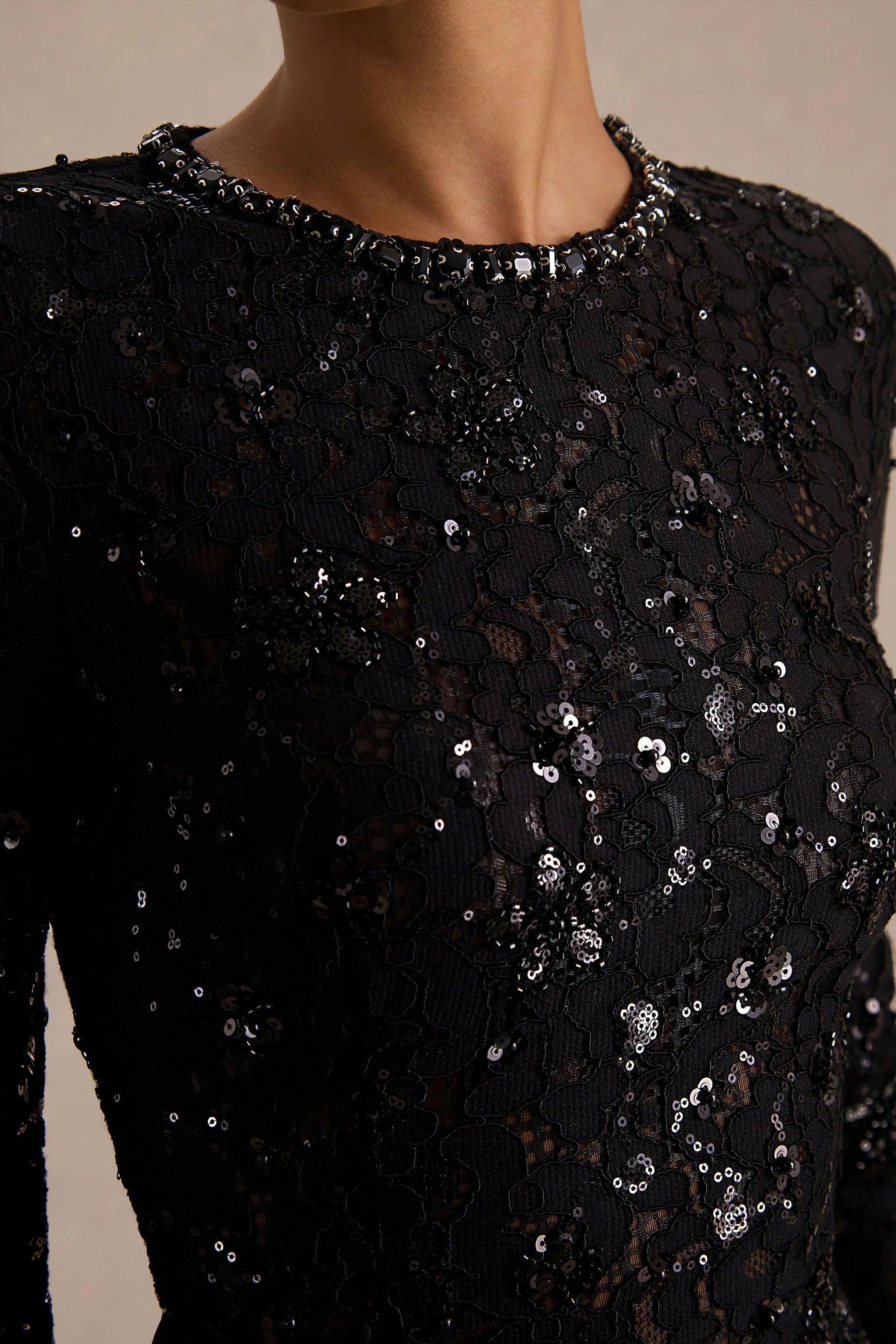 Beau | Black Lace High-Neck Maxi Dress With Draped Detail