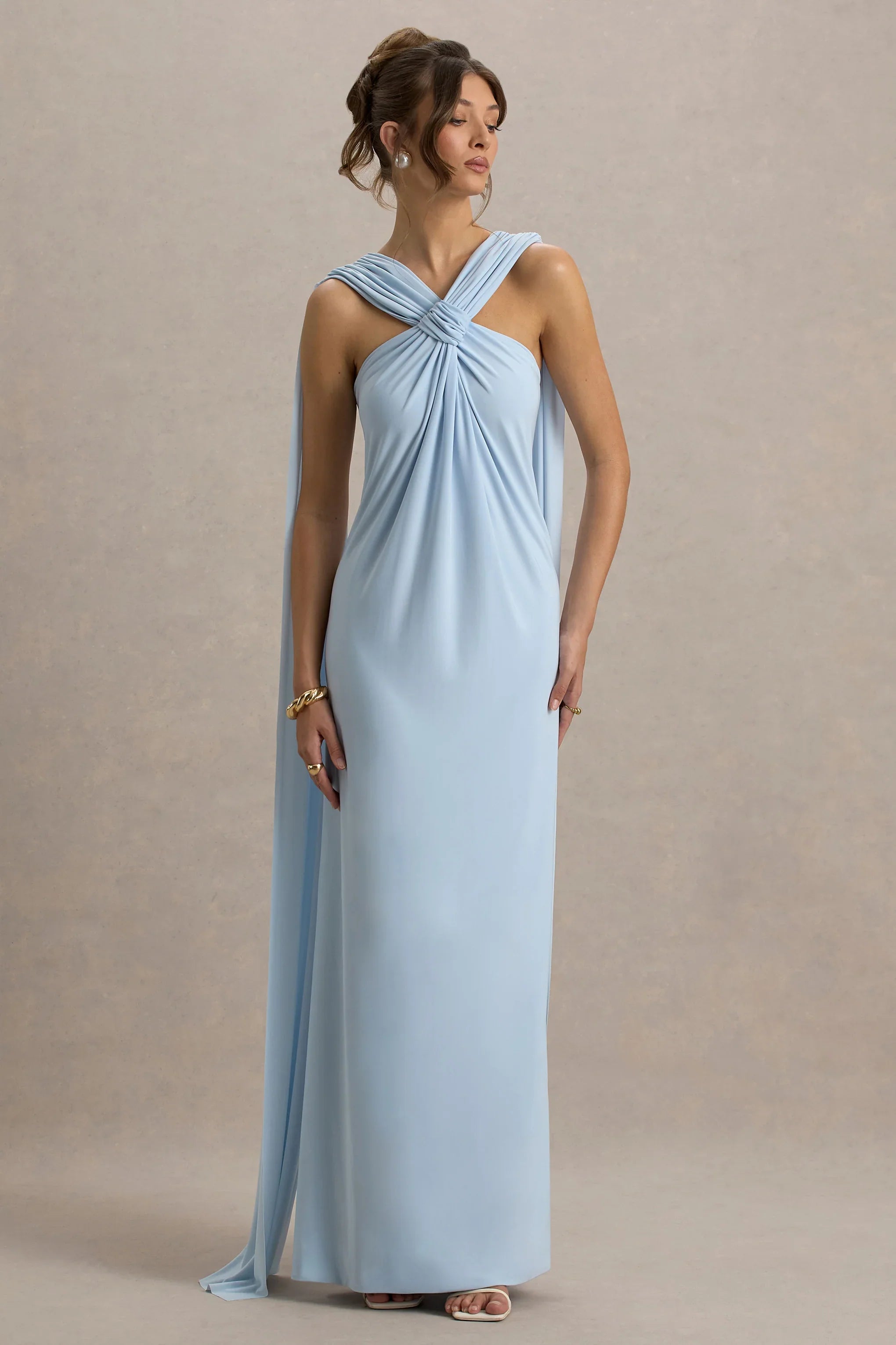 Ariana | Powder Blue Cross-Neck Maxi Dress With Cape
