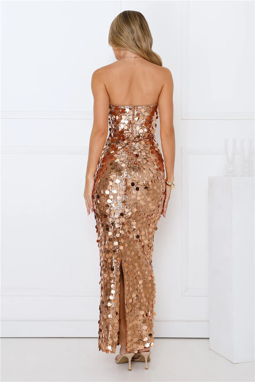 Glistening Grandeur Strapless Sequin Maxi Dress Gold
