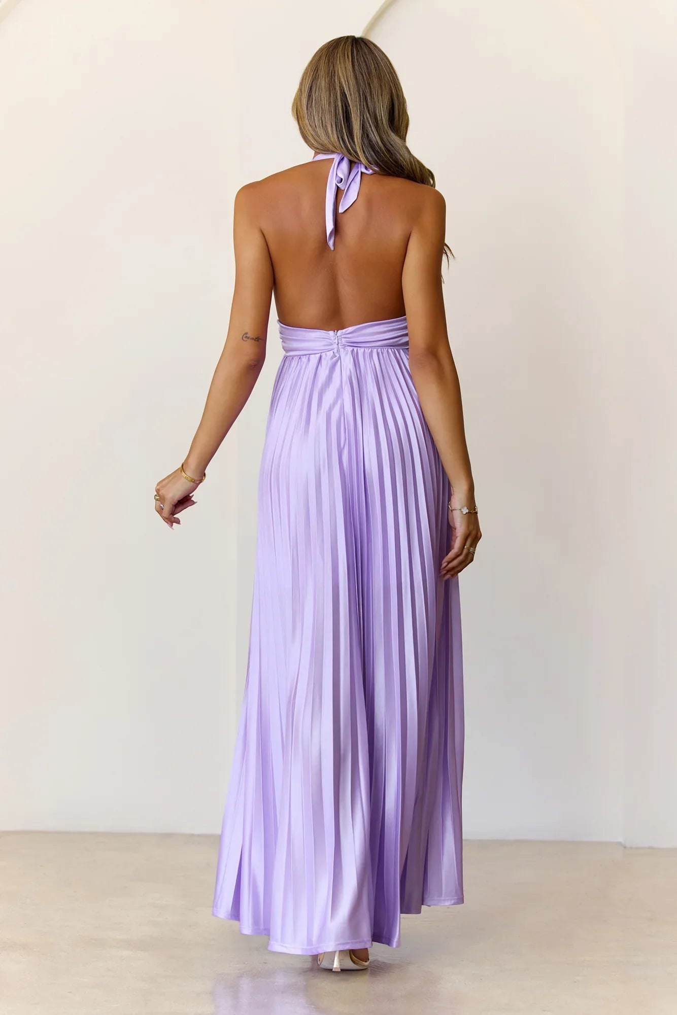 Shimmering Sea Pleated Halter Maxi Dress