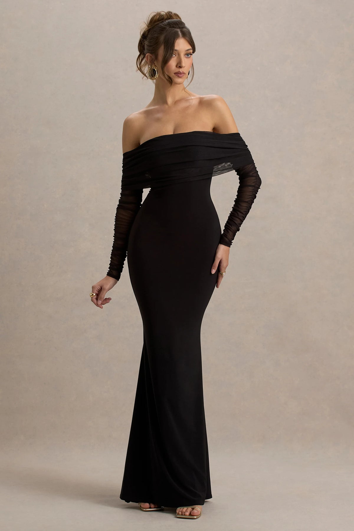 Madeleine | Black Fishtail Maxi Dress With Bardot Mesh Long Sleeves