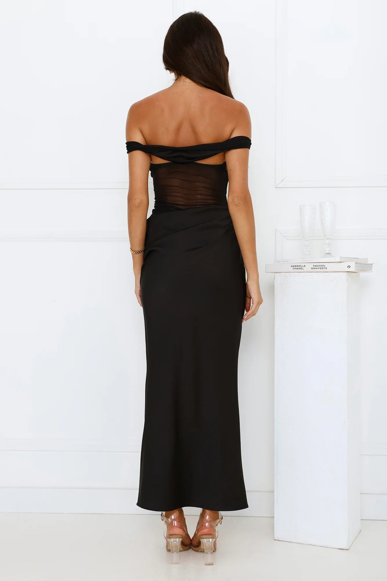 Silent Dreams Mesh Satin Off Shoulder Maxi Dress