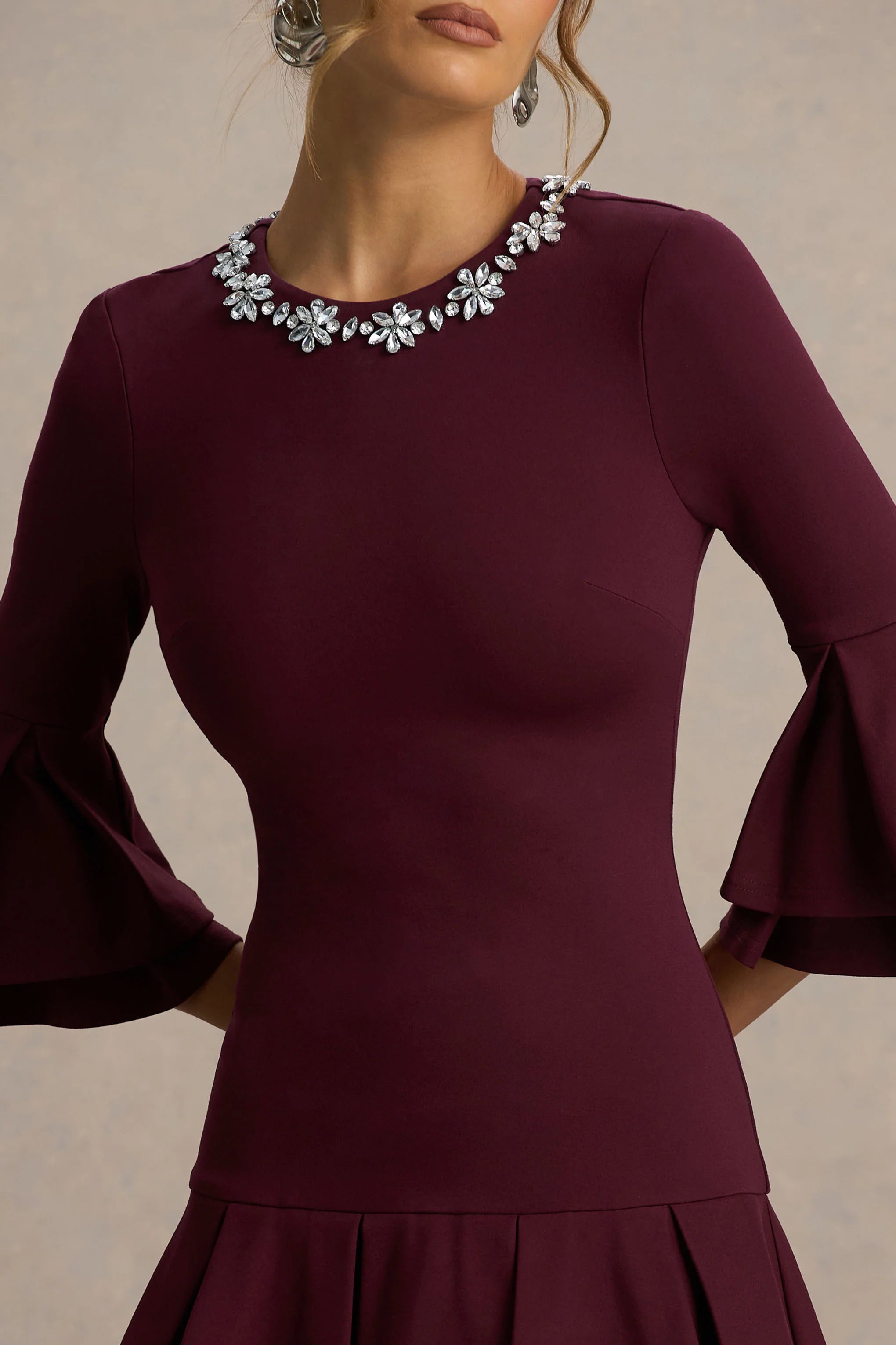 Mirna | Burgundy Crew-Neck Mini Dress With Bell Sleeves And Ruffled Detailing