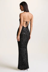 Gio | Black Sequin Plunge-Neck Wrap Maxi Dress With Ruched Detailing